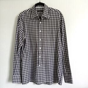 CANALI Italy Check Pattern Shirt SZ L Blue Black White Long Sleeve Collar Cuff